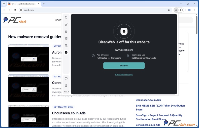 CleanWeb site na lista de permissões