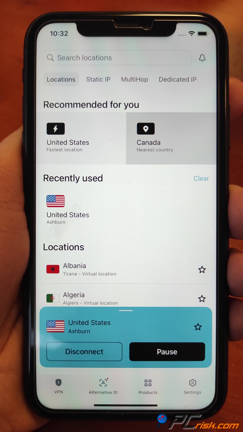 Surfshark para o painel do iOS