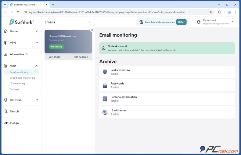Surfshark Email monitorização