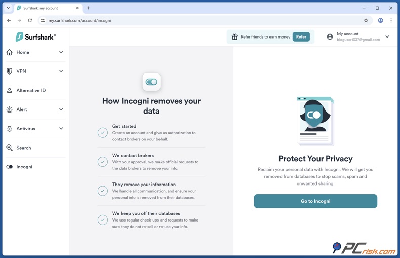 Surfshark Página desconhecida