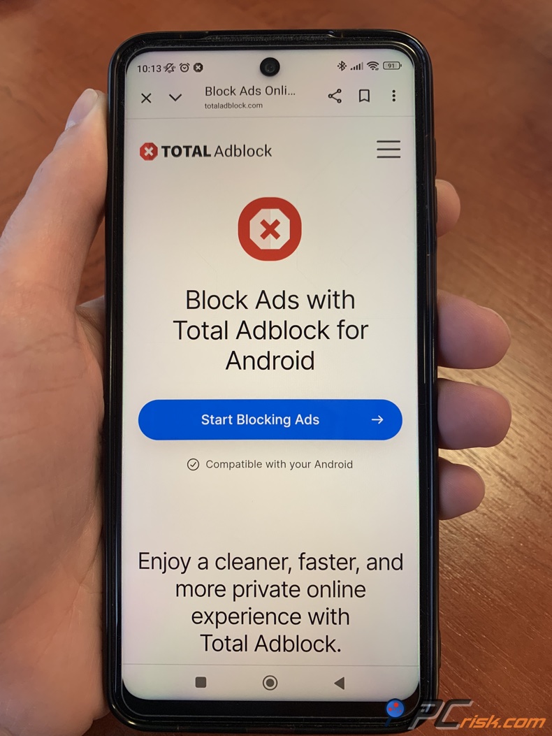 Total Adblock para a página de download do Android