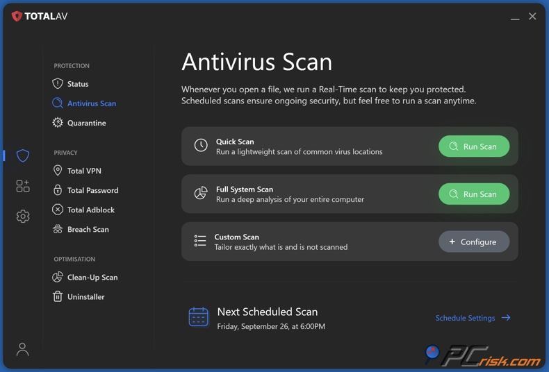 TotalAV painel de controlo