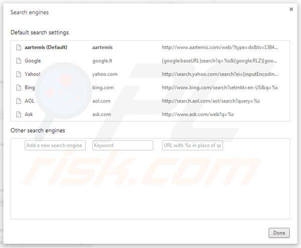 Remover o vírus Aartemis das configurações do motor de busca do Google Chrome