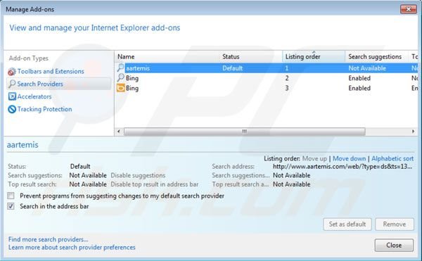 Remover o vírus Aartemis das configurações do motor de busca do Internet Explorer