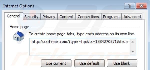Remover o vírus Aartemis da página inicial do Internet Explorer