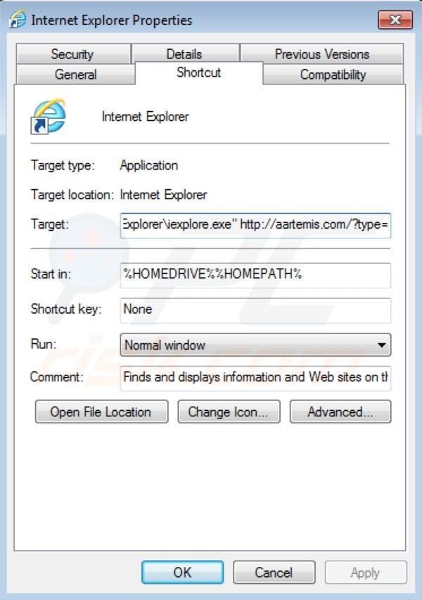 Remover o vírus Aartemis do atalho do Internet Explorer