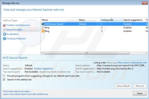 Remover AVG Search das configurações do motor de busca do Internet Explorer