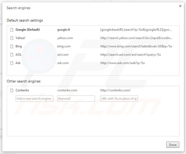 Remover contenko.com das definições do motor de busca padrão do Google Chrome