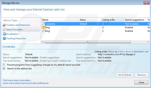 Remover contenko.com do motor de busca padrão do Internet Explorer