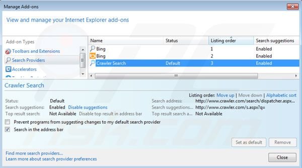 Remova crawler.com do motor de busca padrão do Internet Explorer