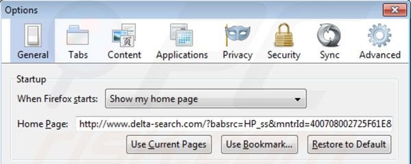 Página inicial Delta Search no Mozilla Firefox