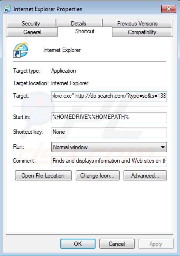 Remover Do-search.com do atalho do navegador Internet Explorer