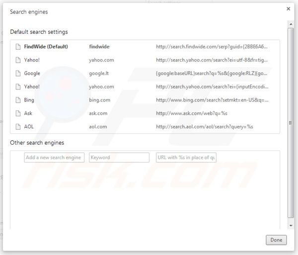 Remover Search.findwide.com das definições do motor de busca padrão do Google Chrome