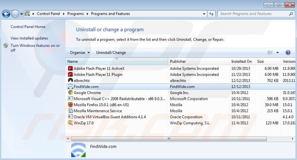 Remoção de search.findwide.com a partir do Painel de Controlo