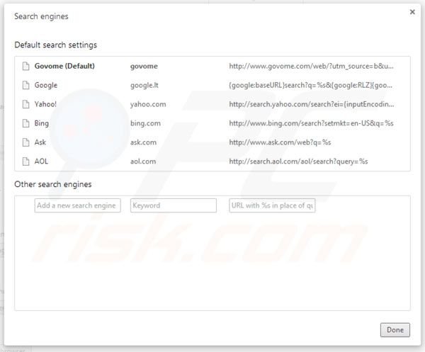 Remover o vírus Govome das configurações do motor de busca do Google Chrome