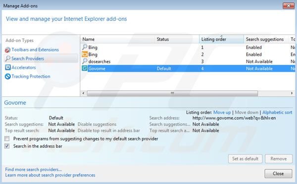 Remover o vírus Govome das configurações do motor de busca do Internet Explorer