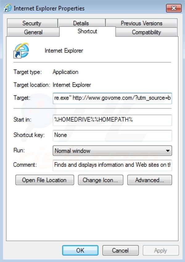 Remover o vírus Govome do atalho do Internet Explorer