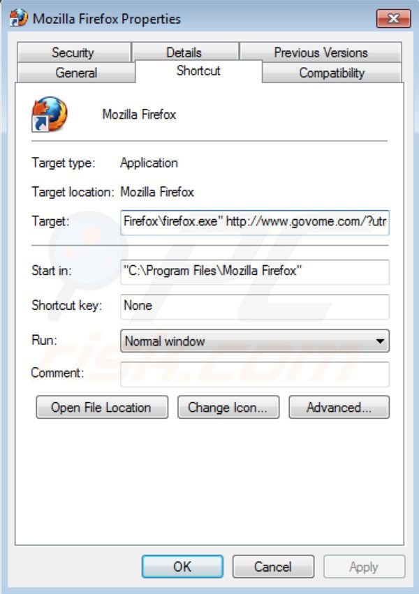 Remover o vírus Govome do atalho do Mozilla Firefox
