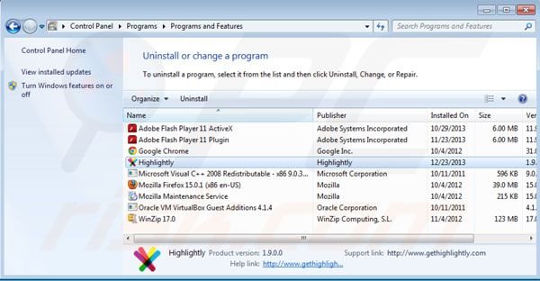 Remoção do vírus Highlightly do Painel de Controlo