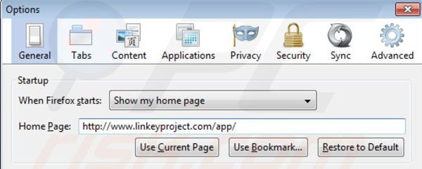 Remova o projeto Linkey da página inicial do Mozilla Firefox