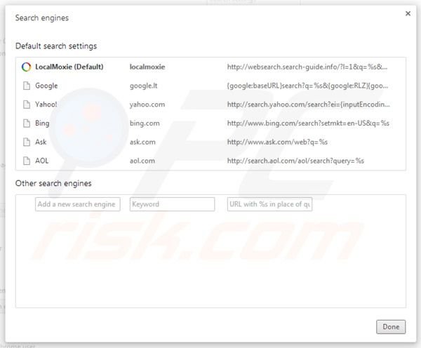 Remover LocalMoxie.com das configurações do motor de busca do Google Chrome