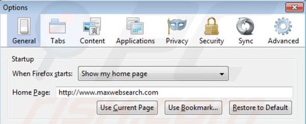 Remover Maxwebsearch.com da página inicial do Mozilla Firefox
