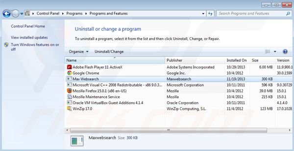 Remoção de Maxwebsearch.com do Painel de Controlo
