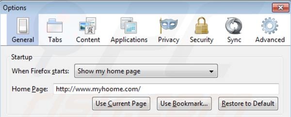 Remover Myhoome.com da página inicial do Mozilla FireFox passo 2
