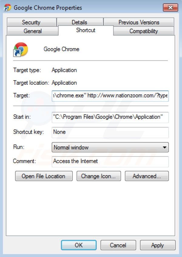 Remover o vírus Nationzoom.com do atalho do Google Chrome
