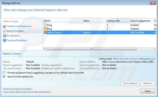 Remover o vírus Nationzoom.com do motor de busca padrão do Internet Explorer