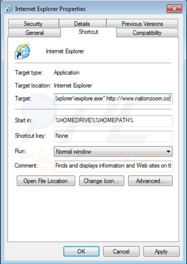 Remover o vírus Nationzoom.com do atalho do Internet Explorer
