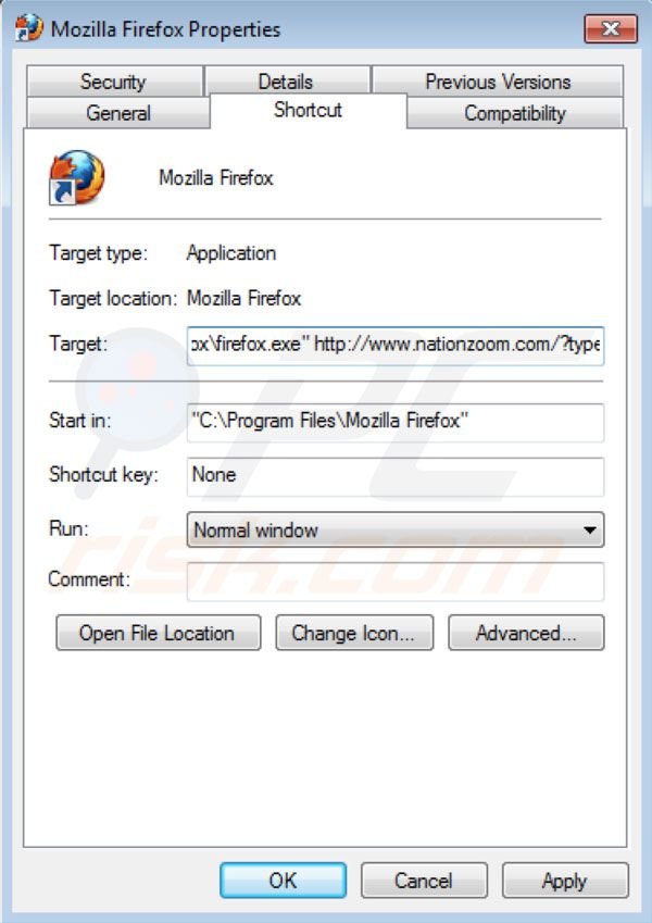 Remover o vírus Nationzoom.com do atalho do Mozilla Firefox