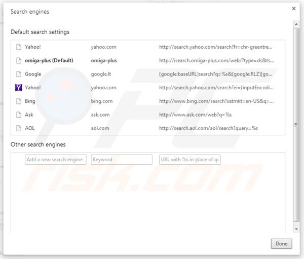 Remover omiga plus das configurações do motor de busca padrão de Google Chrome 