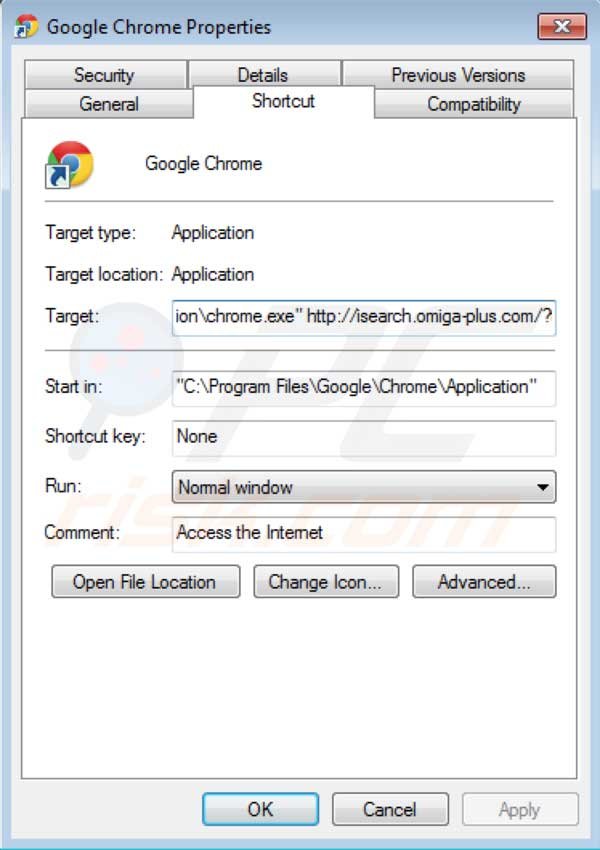 Remover o vírus Omiga Plus do atalho do Google Chrome