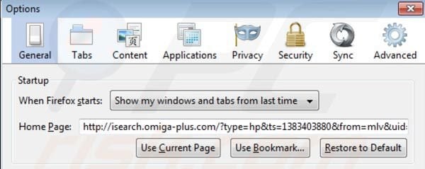 Remover Omiga plus da página inicial de Mozilla Firefox
