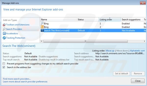 Remover search.ominent.com do motor de busca padrão do Internet Explorer