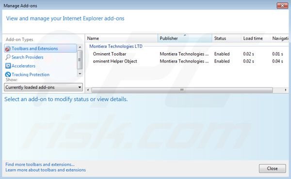 Remover search.ominent.com das extensões do Internet Explorer