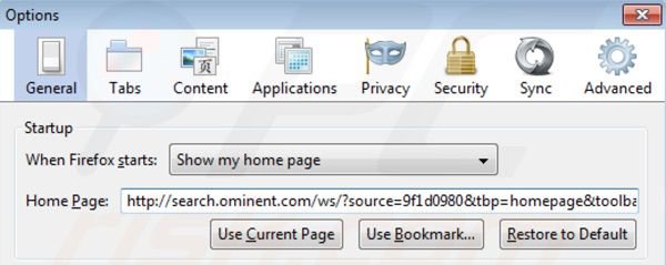 Remover search.ominent.com da página inicial do Mozilla Firefox