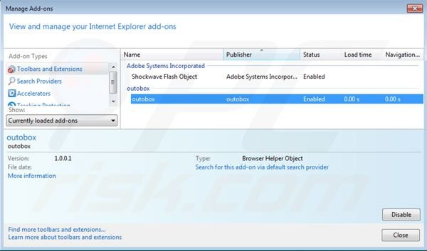 Remover OutoBox das extensões do Internet Explorer passo 2