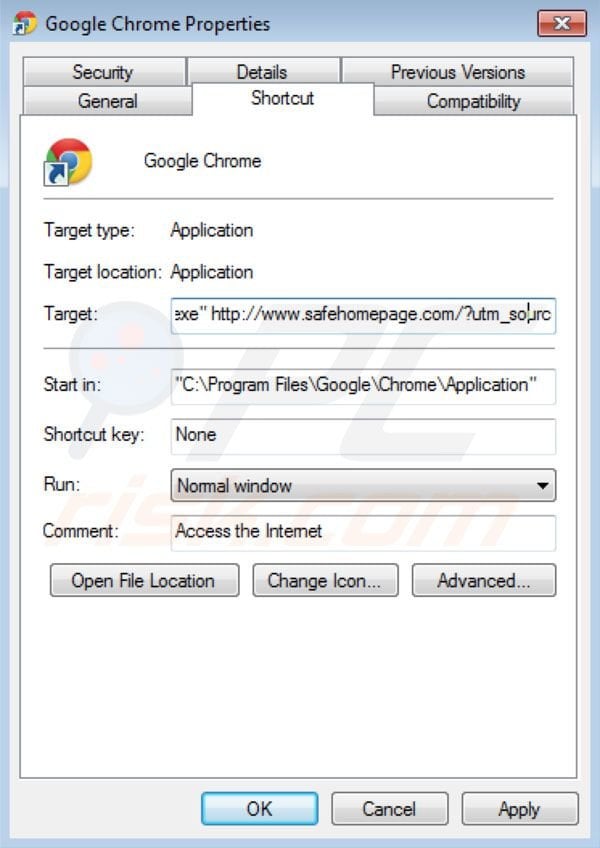 Remova o vírus Safehomepage.com do Google Chrome