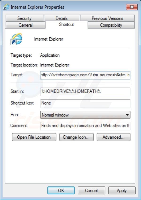Remova o vírus Safehomepage.com do Internet Explorer