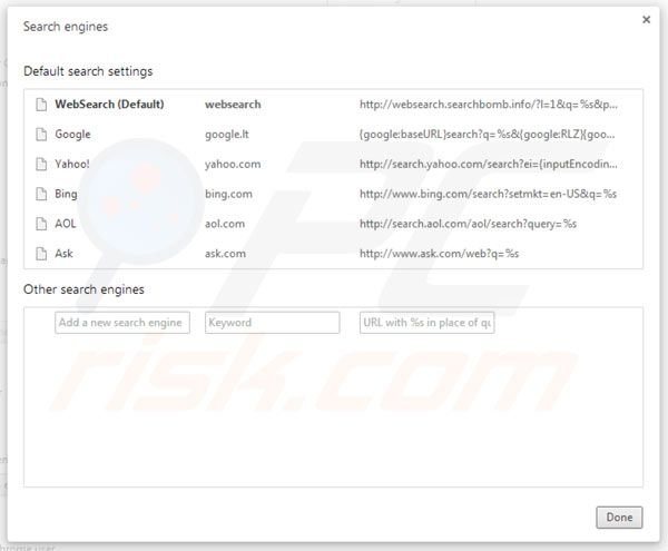 Remover websearch.searchbomb.info das configurações do motor de busca padrão do Google Chrome