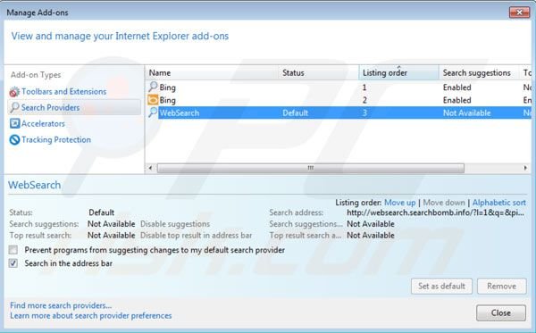 Remover websearch.searchbomb.info das configurações do motor de busca padrão do Internet Explorer