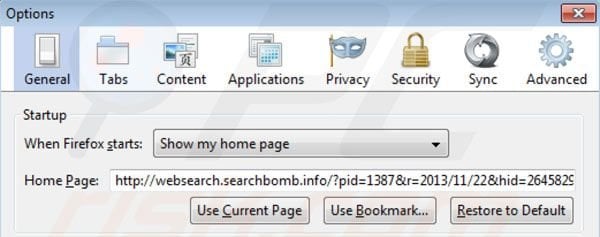 Remover websearch.searchbomb.info da página inicial do Mozilla Firefox