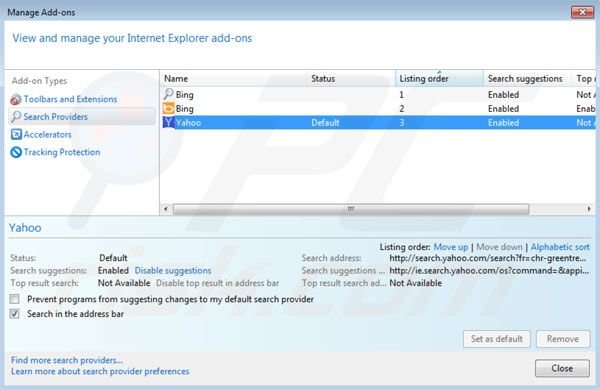Remover Spigot das configurações do motor de busca padrão do Internet Explorer