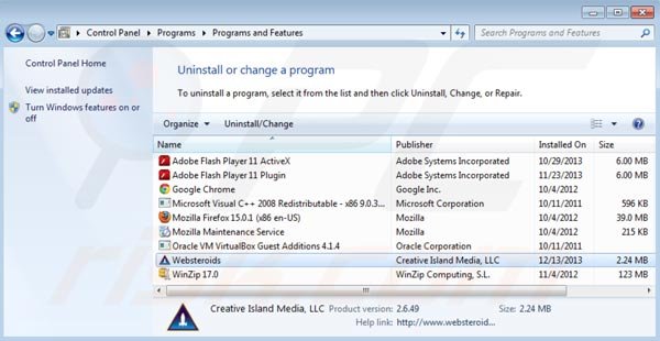 Remoção do vírus Websteroids do Painel de Controlo
