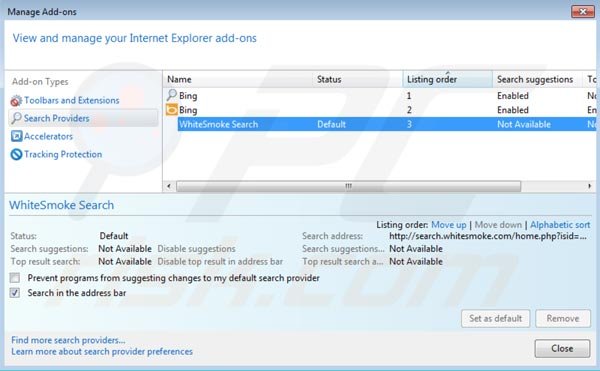 Remover o redirecionamento search.whitesmoke.com das definições do motor de busca padrão do Internet Explorer homepage