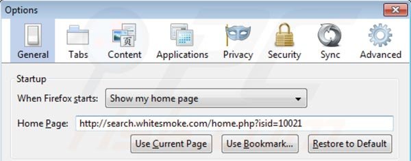 Remover search.whitesmoke.com da página inicial do Mozilla Firefox