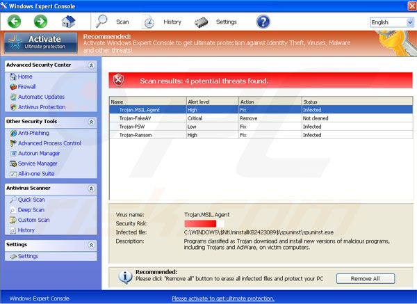 Programa antivírus falso de Windows Expert Console