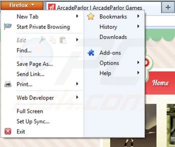 Remova ArcadeParlor das extensões do Mozilla Firefox passo 1